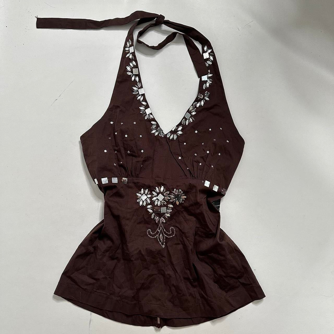 Brown mirror embellished halter top