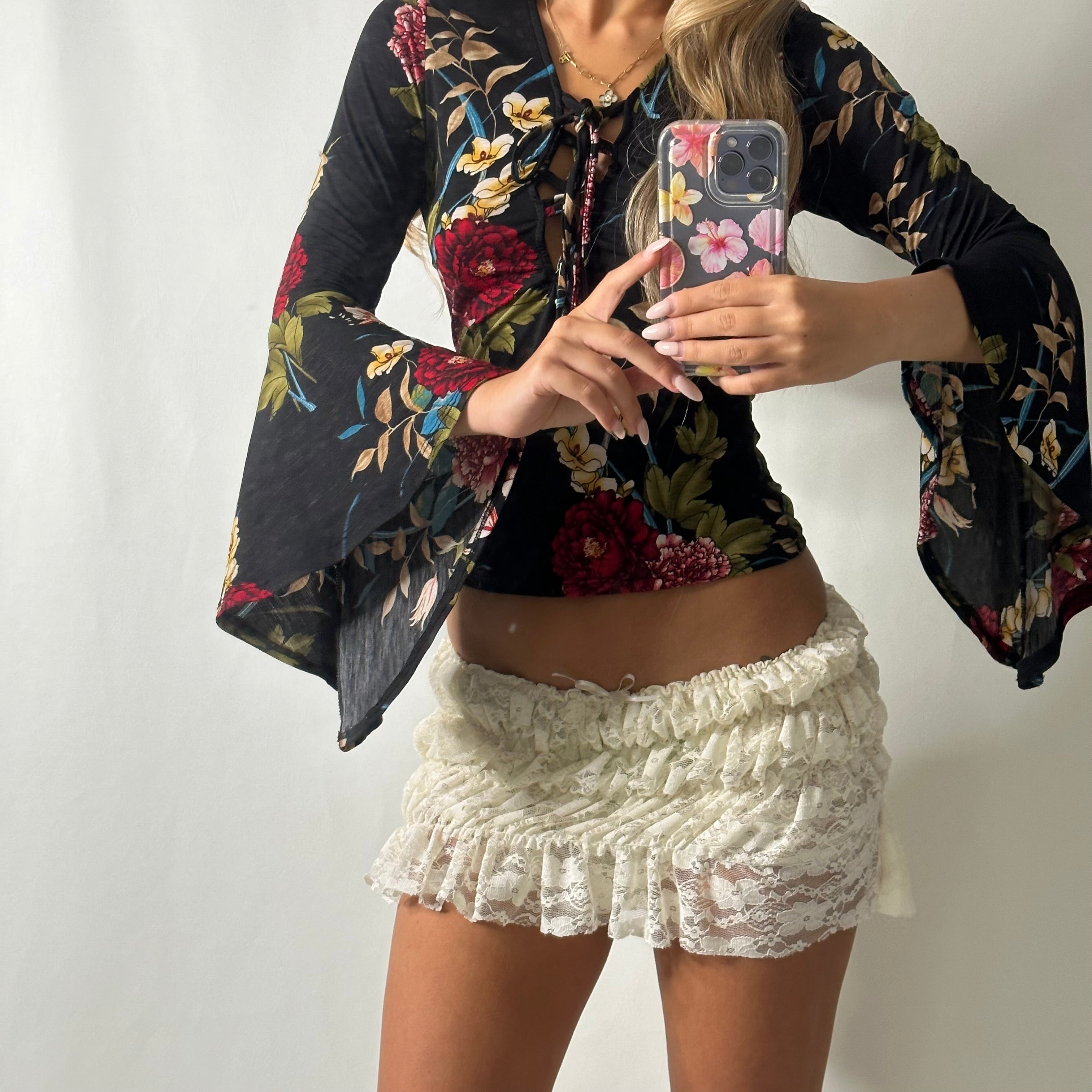 Flared sleeve bell bottom floral mesh top