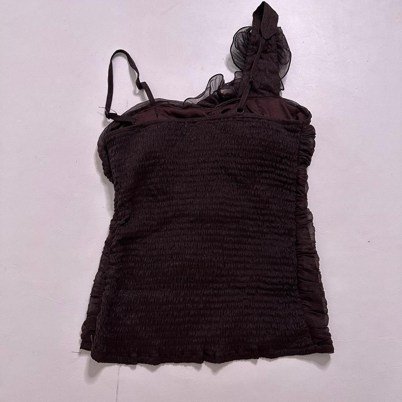 Brown mesh floral ruched top