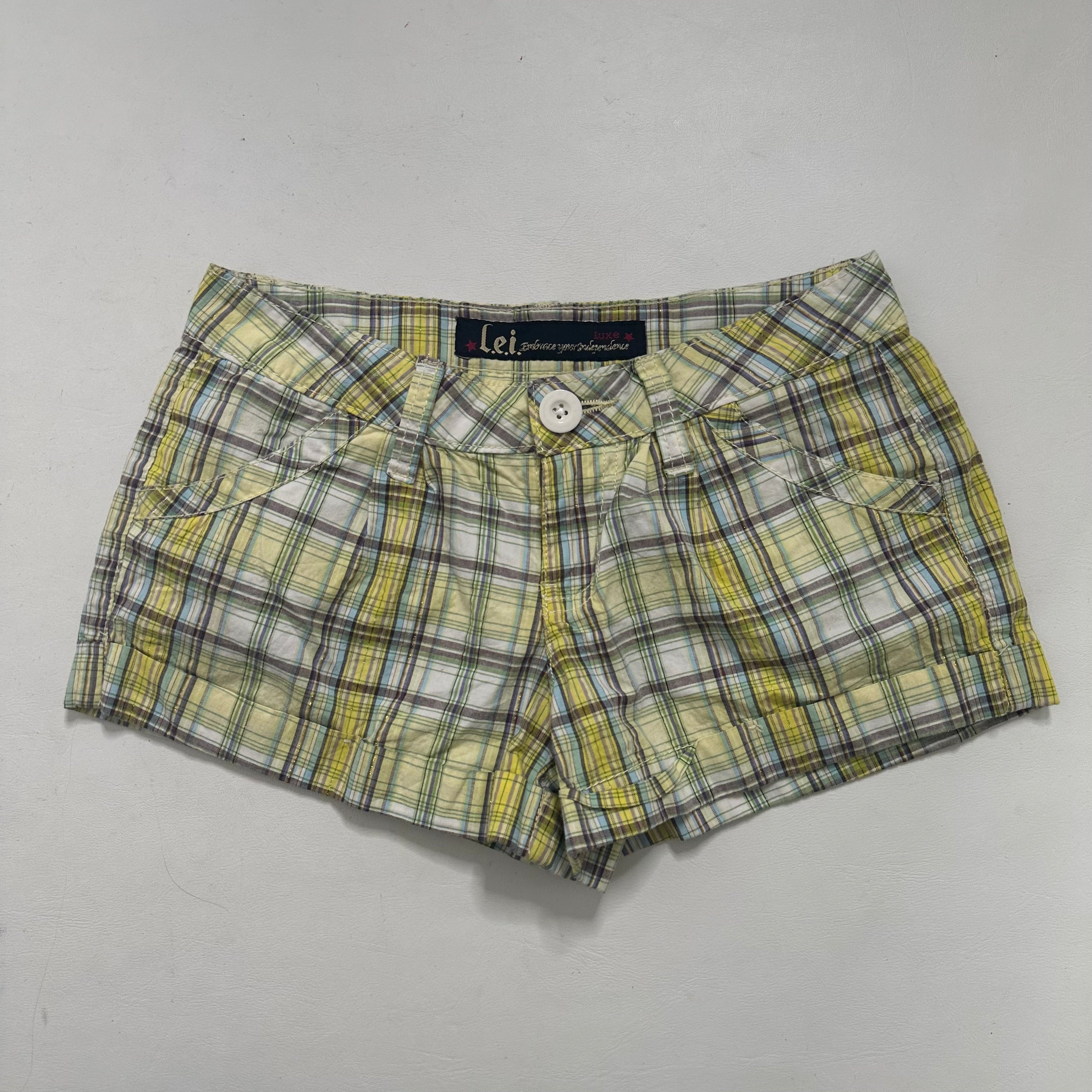 Green checkered plaid shorts