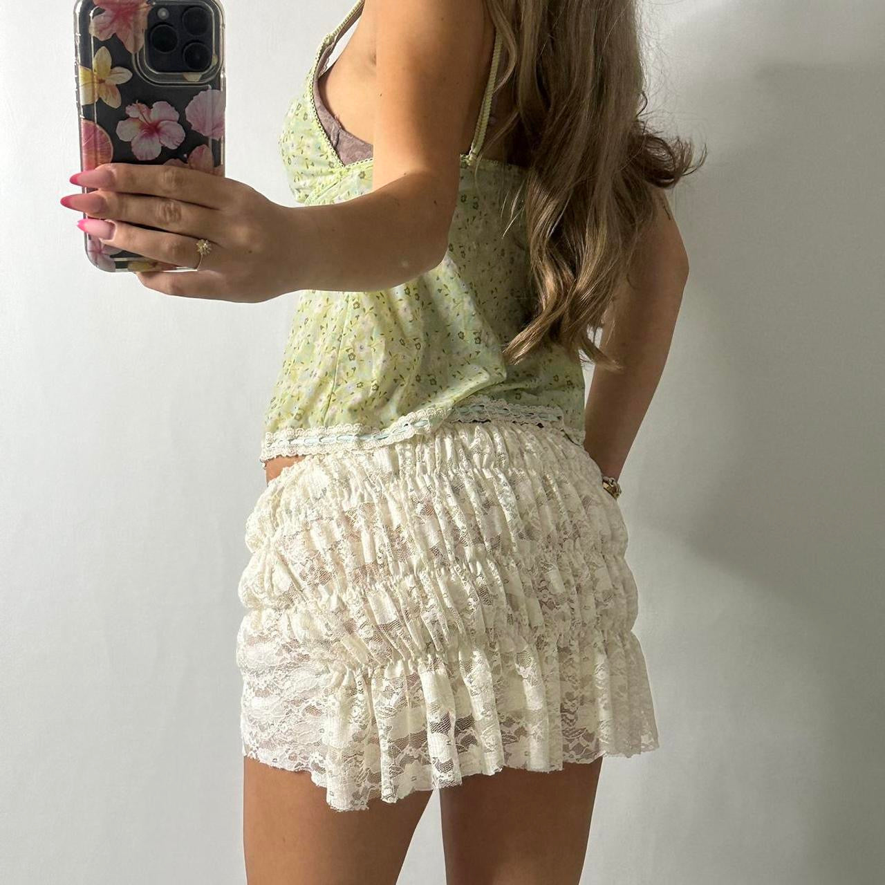 Green floral lace lined mesh cami