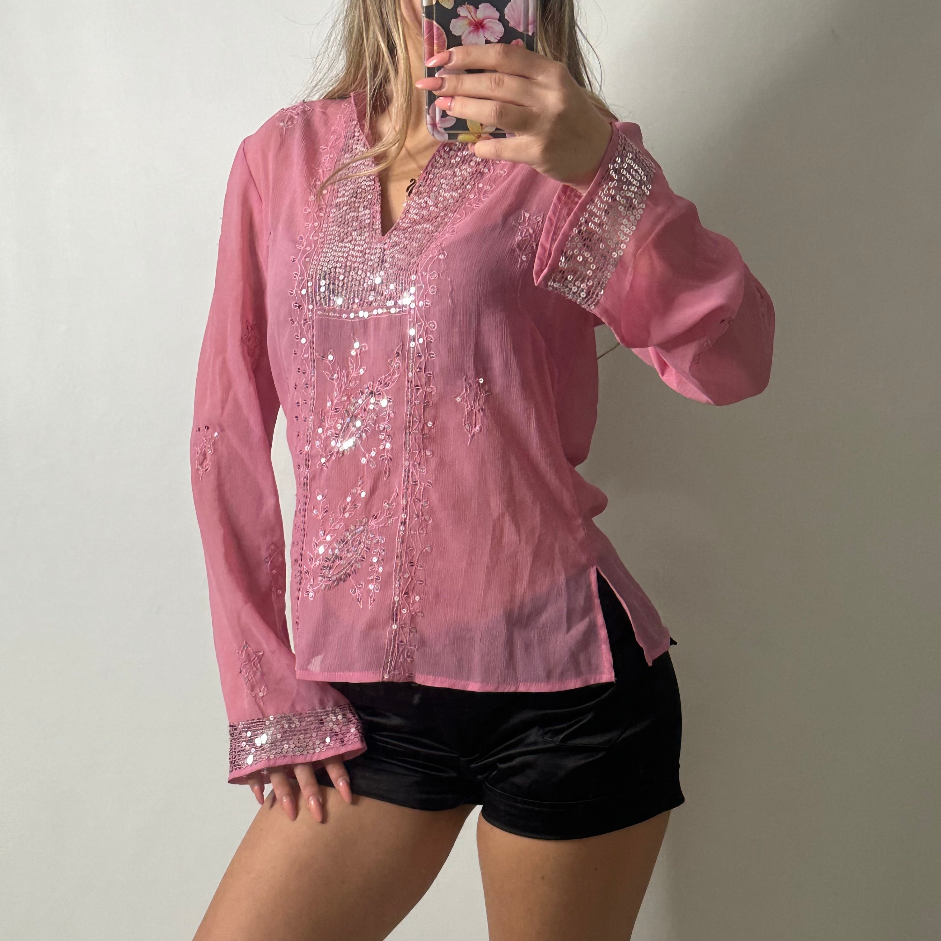Pink mesh sequin top