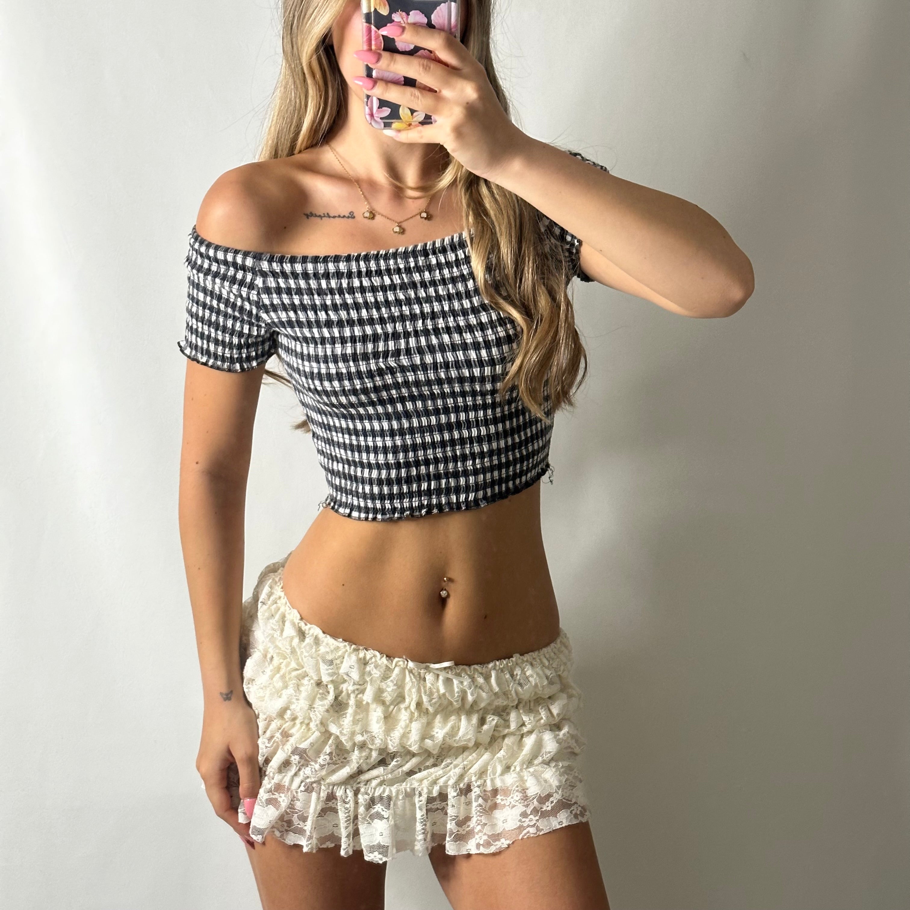 Off shoulder plaid ruched top