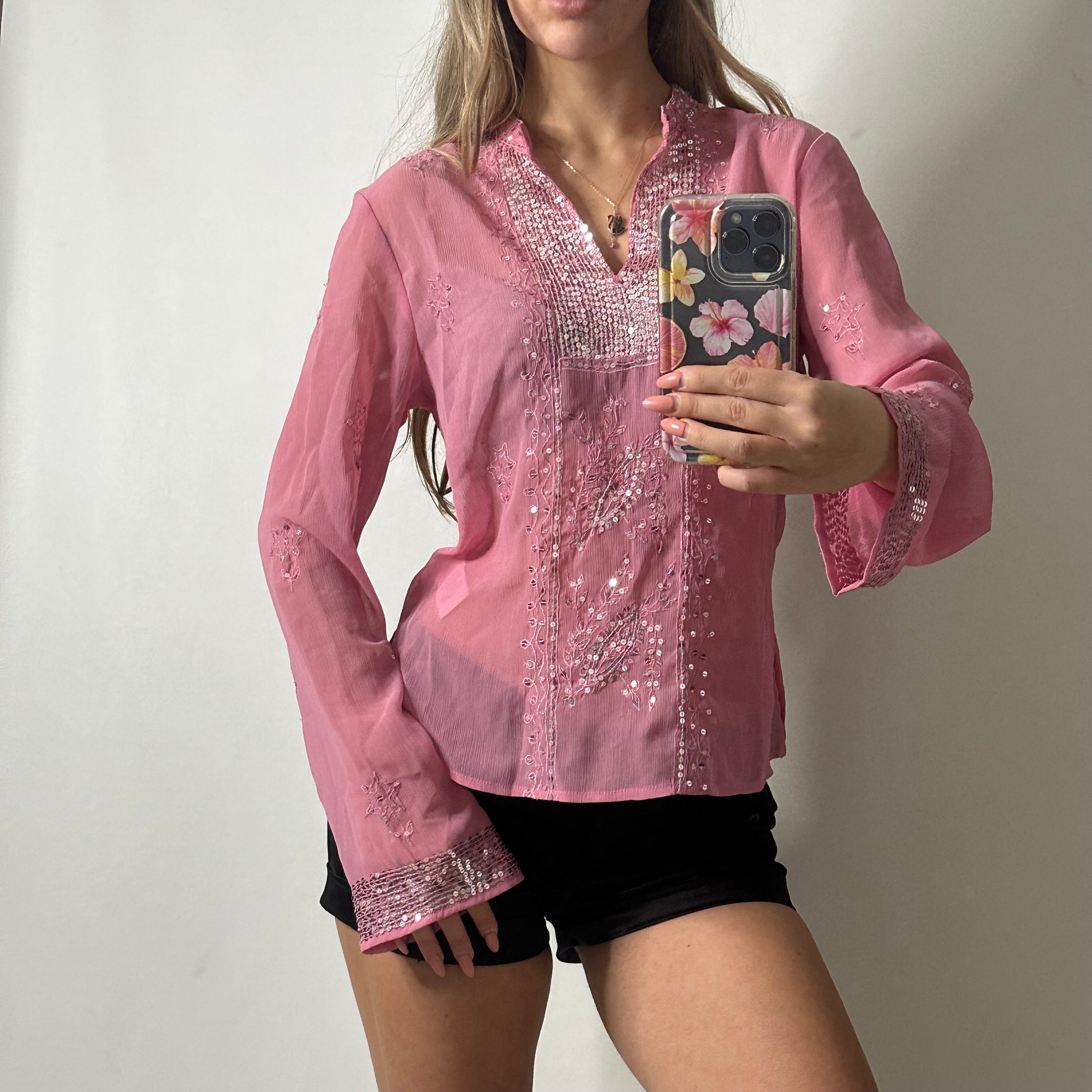 Pink mesh sequin top