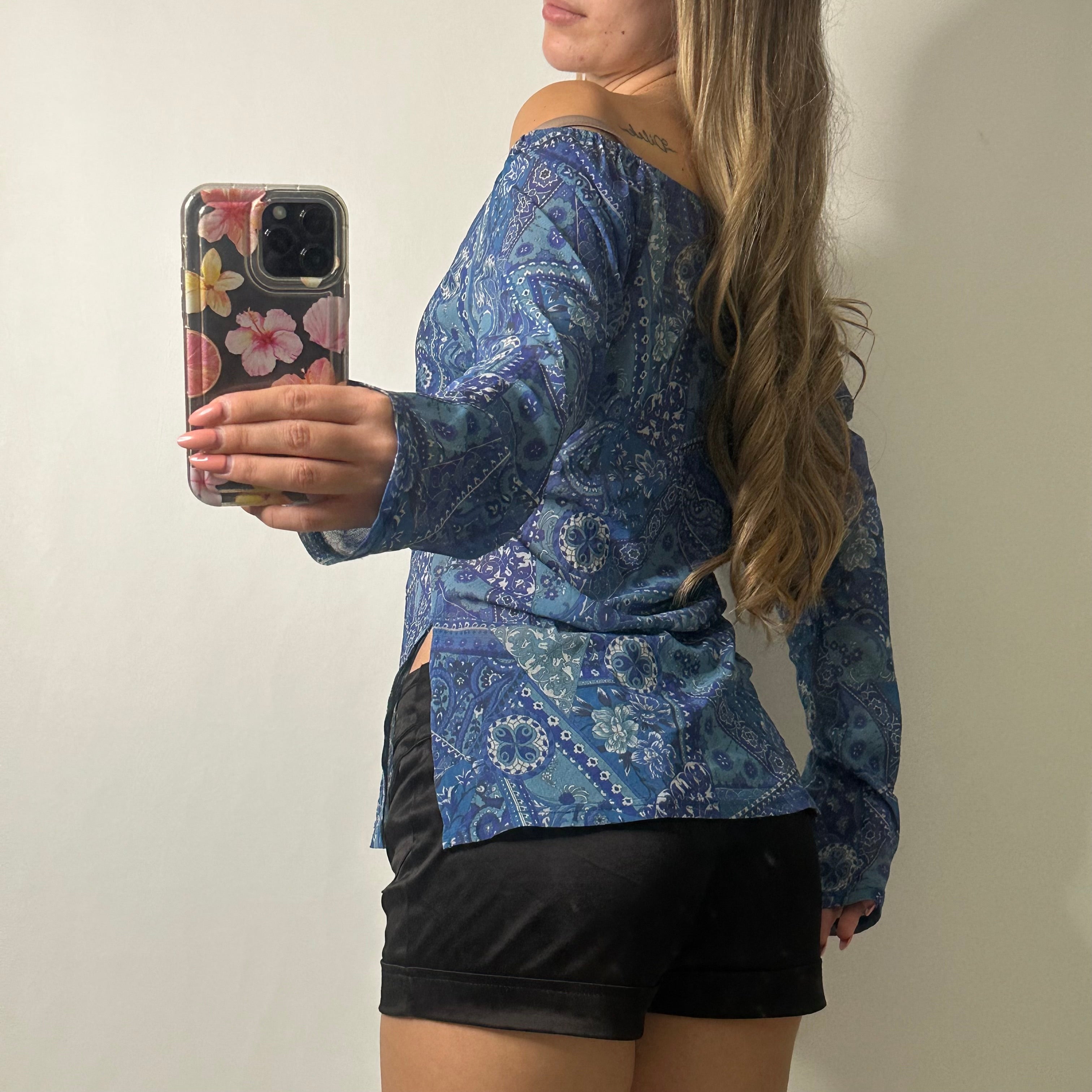 Blue mesh paisley off shoulder top