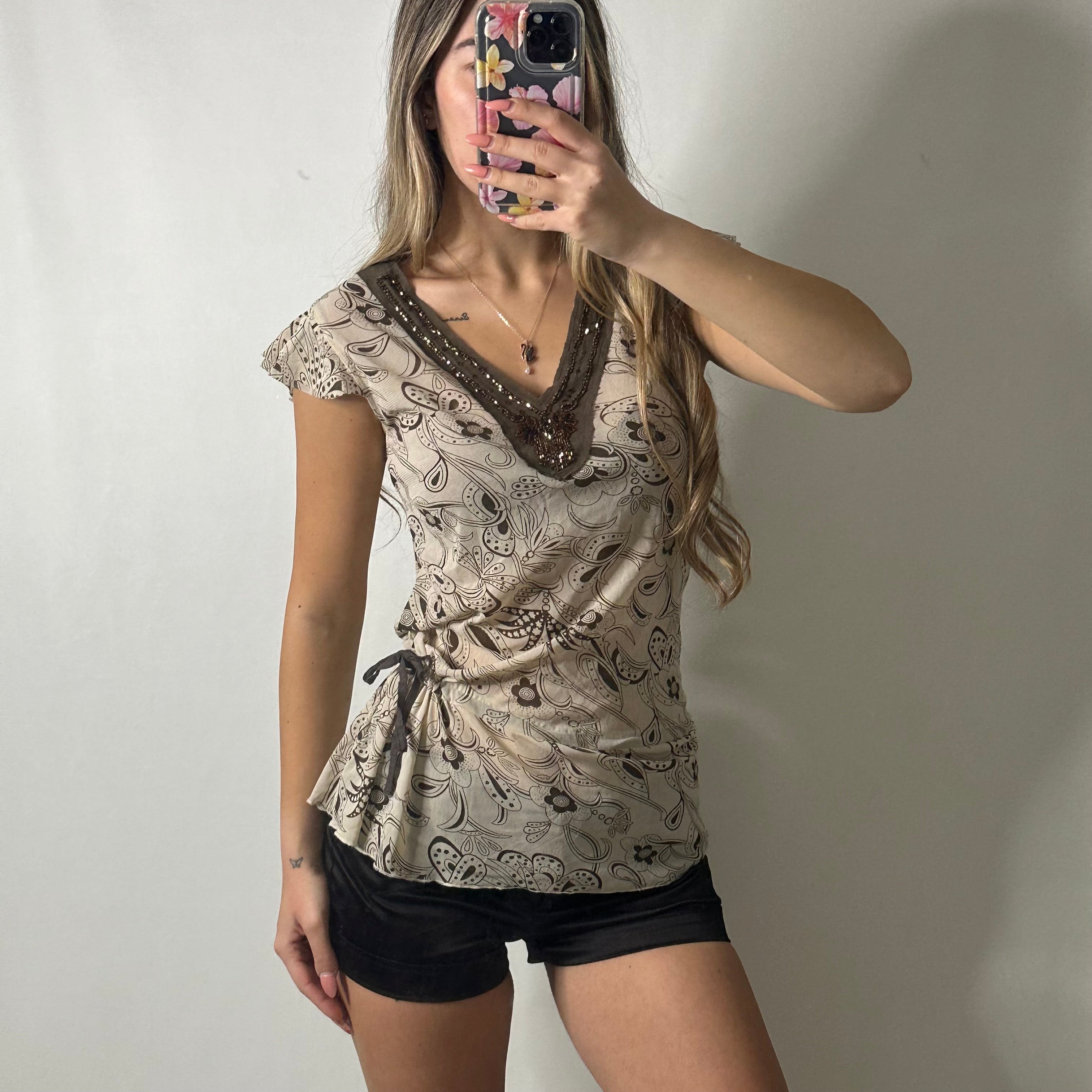 Mesh sequin tie up top