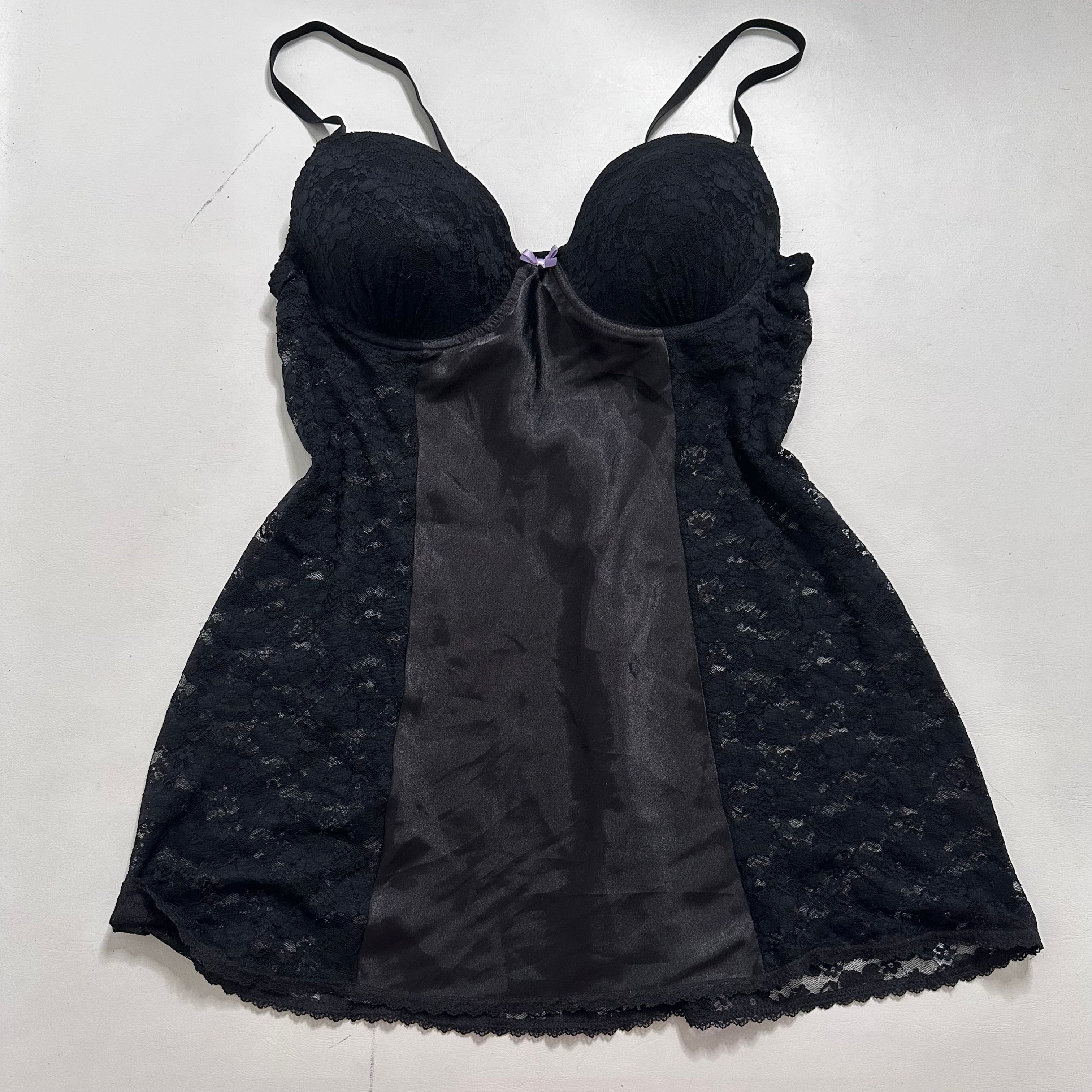 Black satin lace babydoll slip