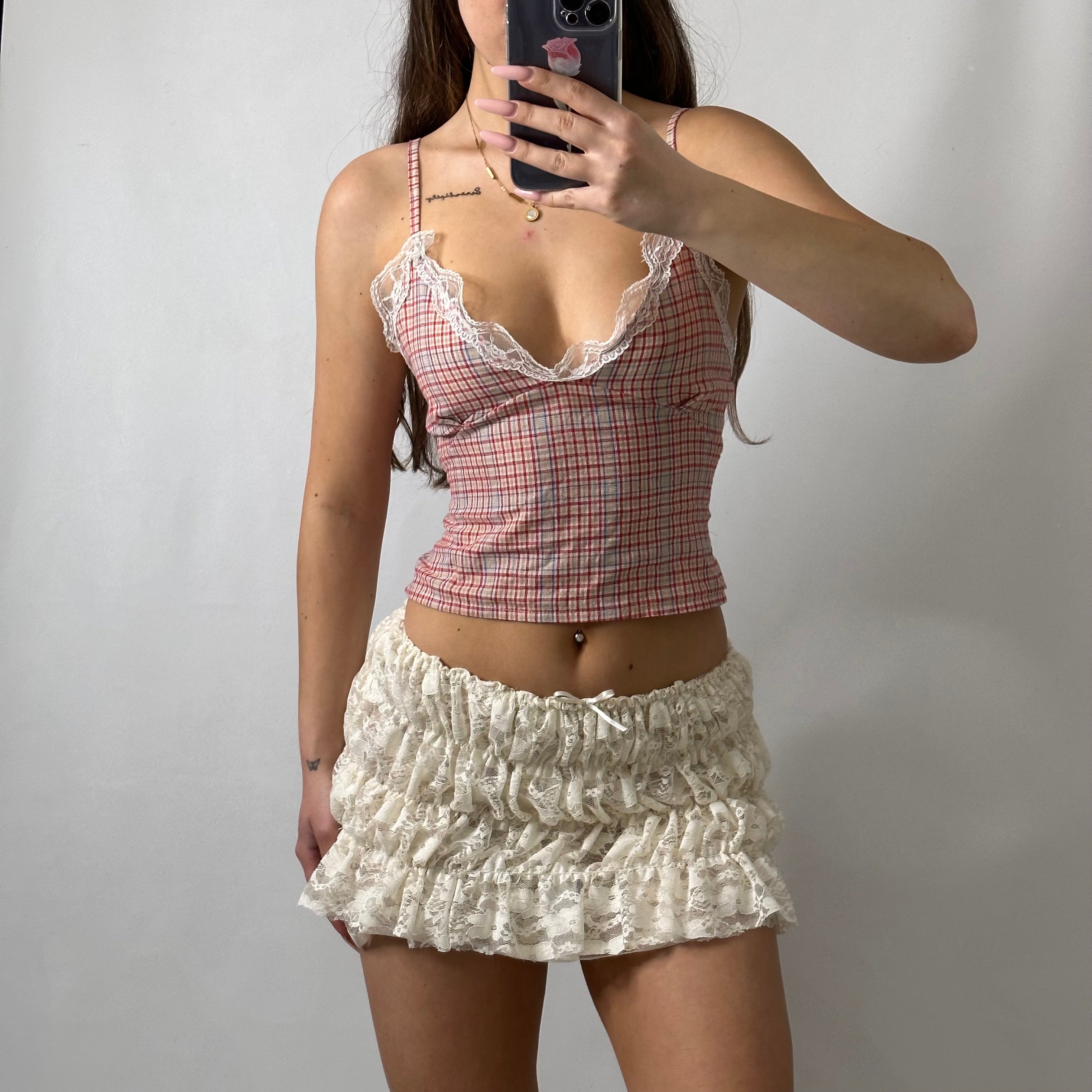 Past Gems ruffle ruched lace skirt