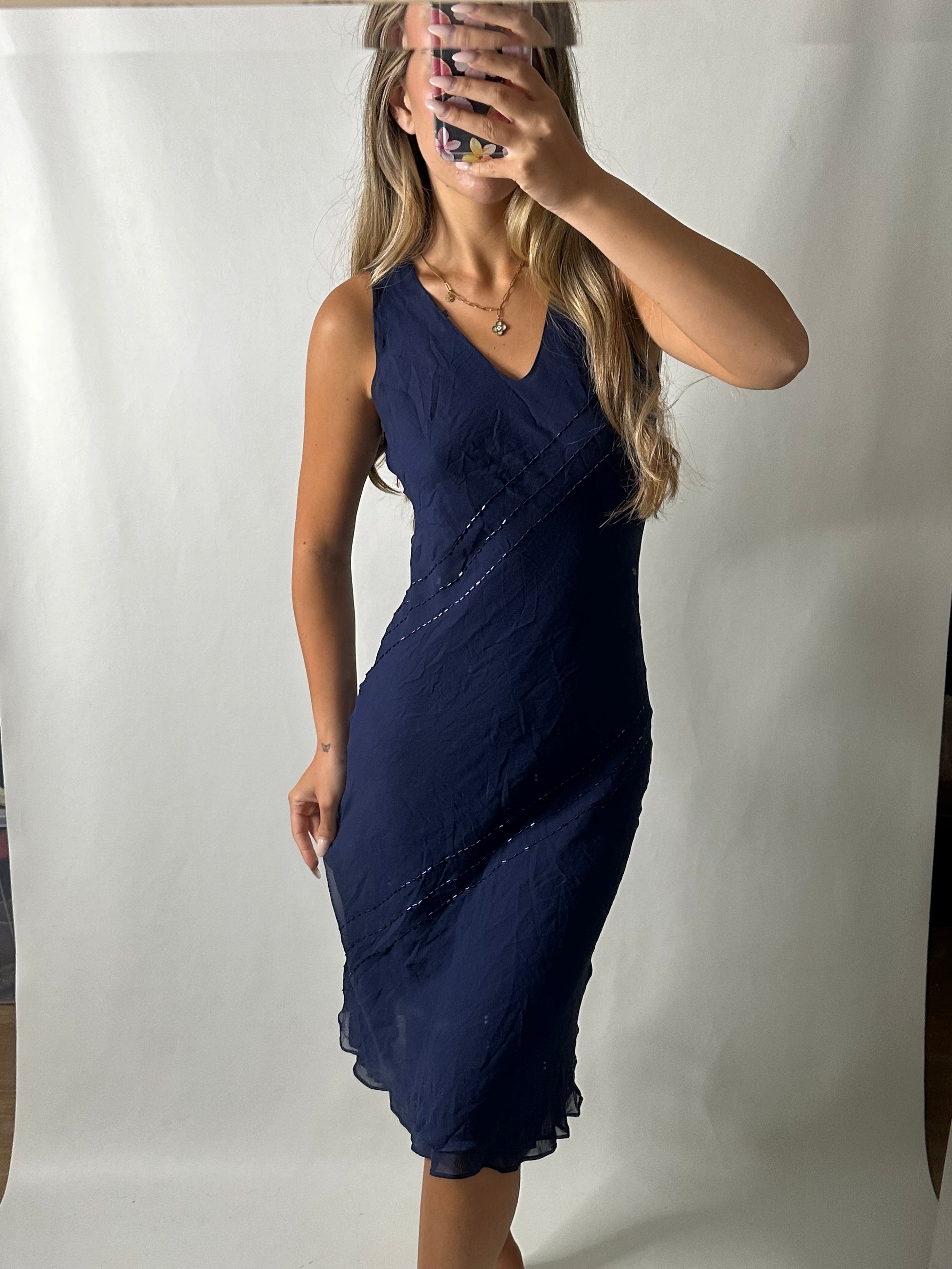 Silk navy midi dress with sequins