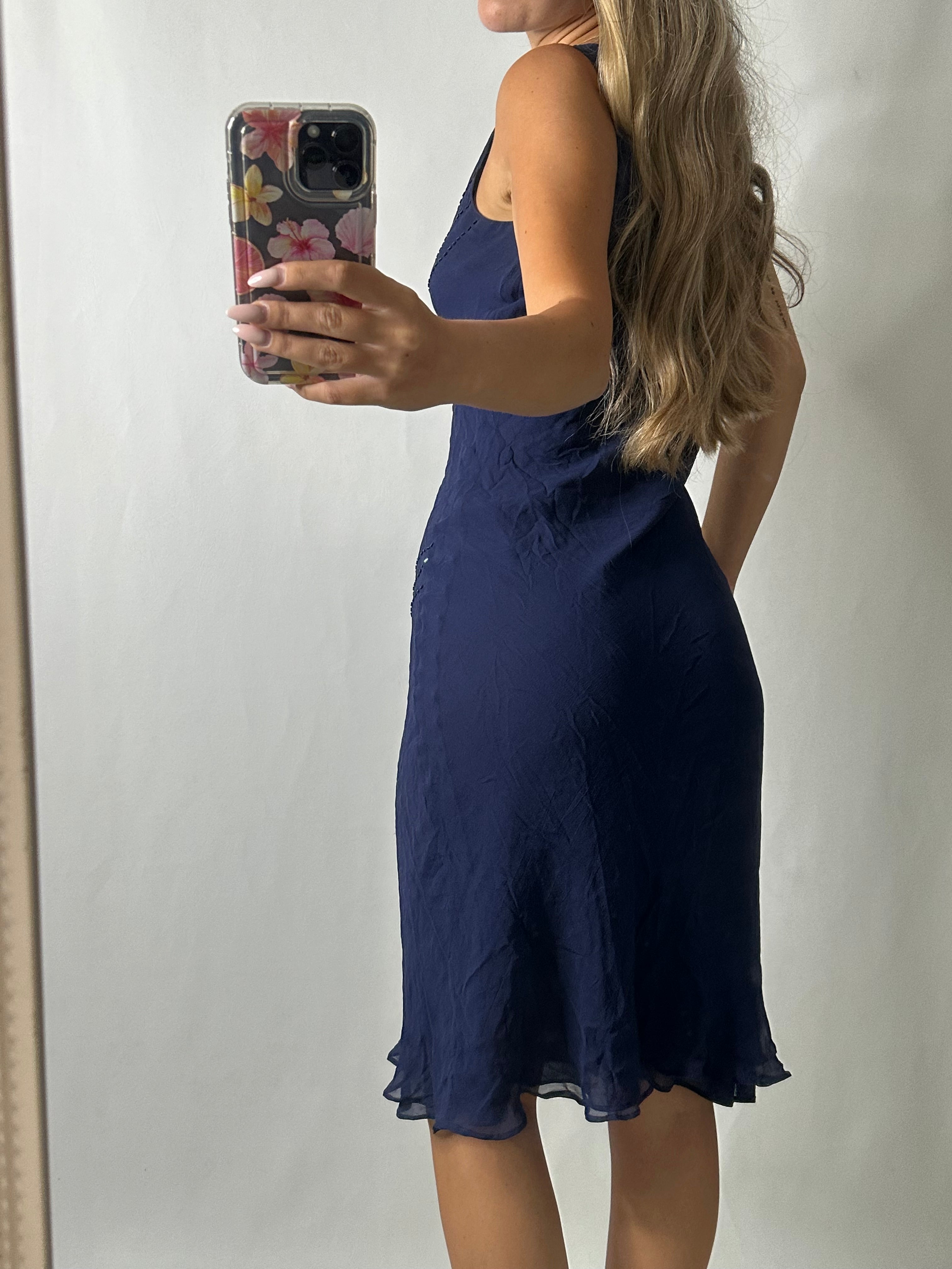 Silk navy midi dress with sequins