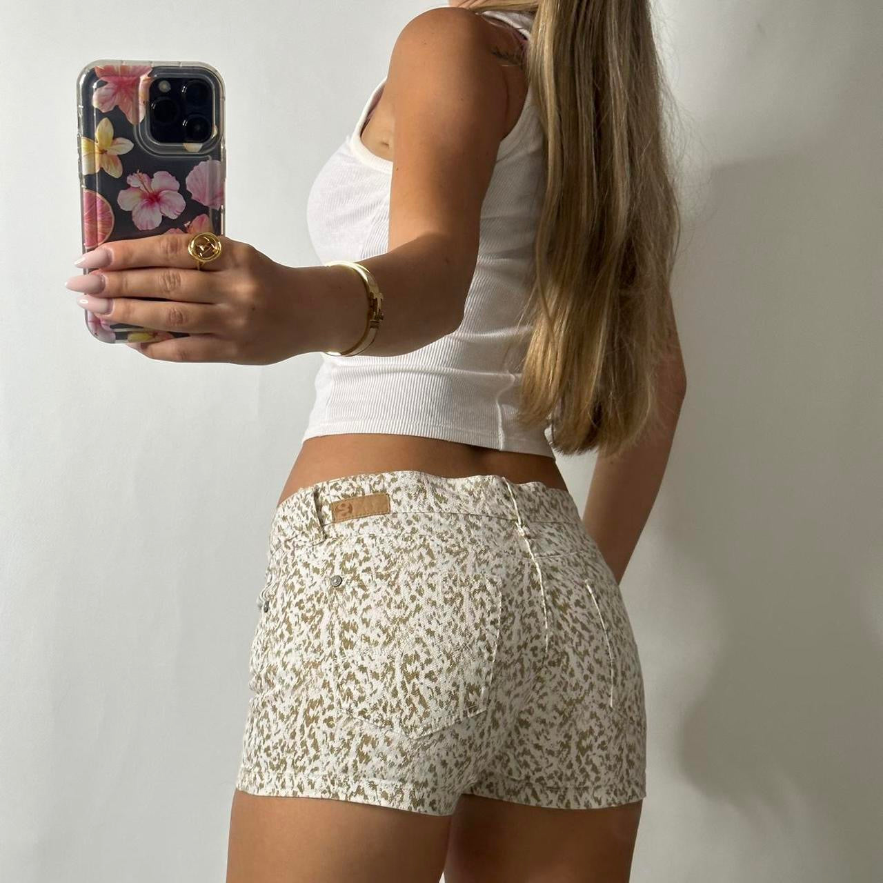 Leopard print low rise denim shorts
